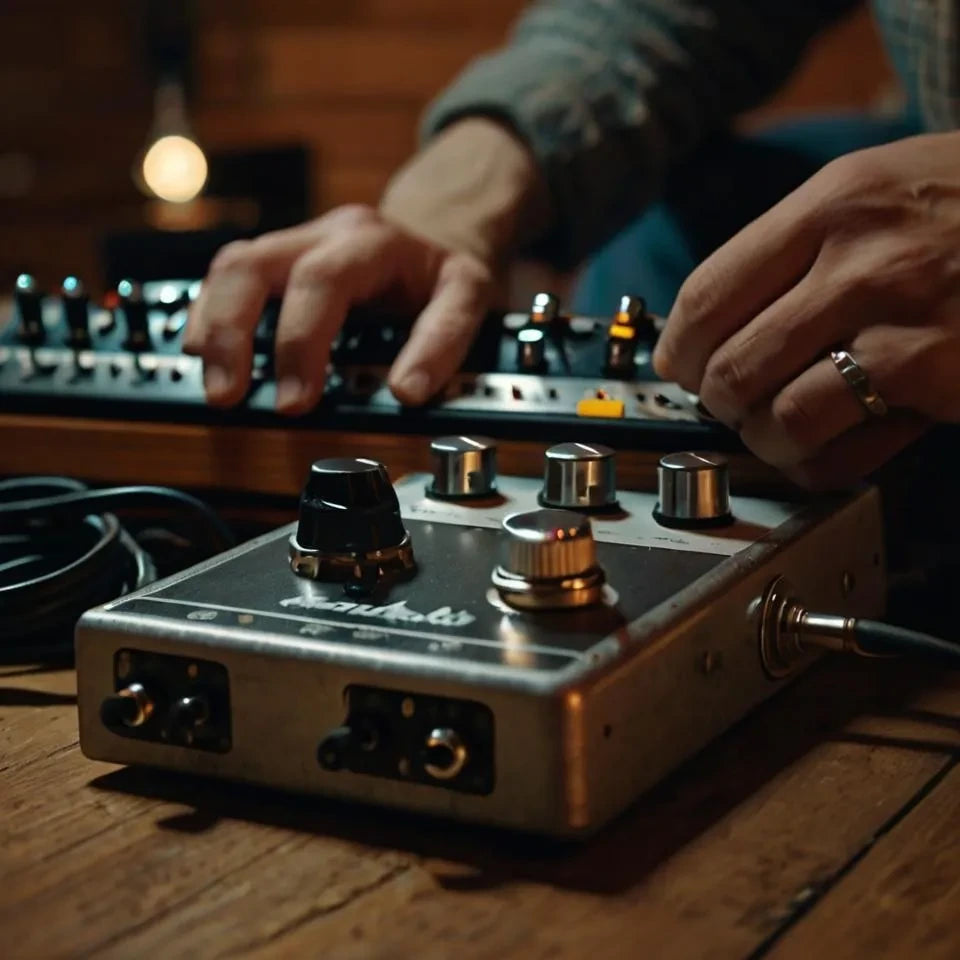 Hands adjusting the knobs on a guitar pedal