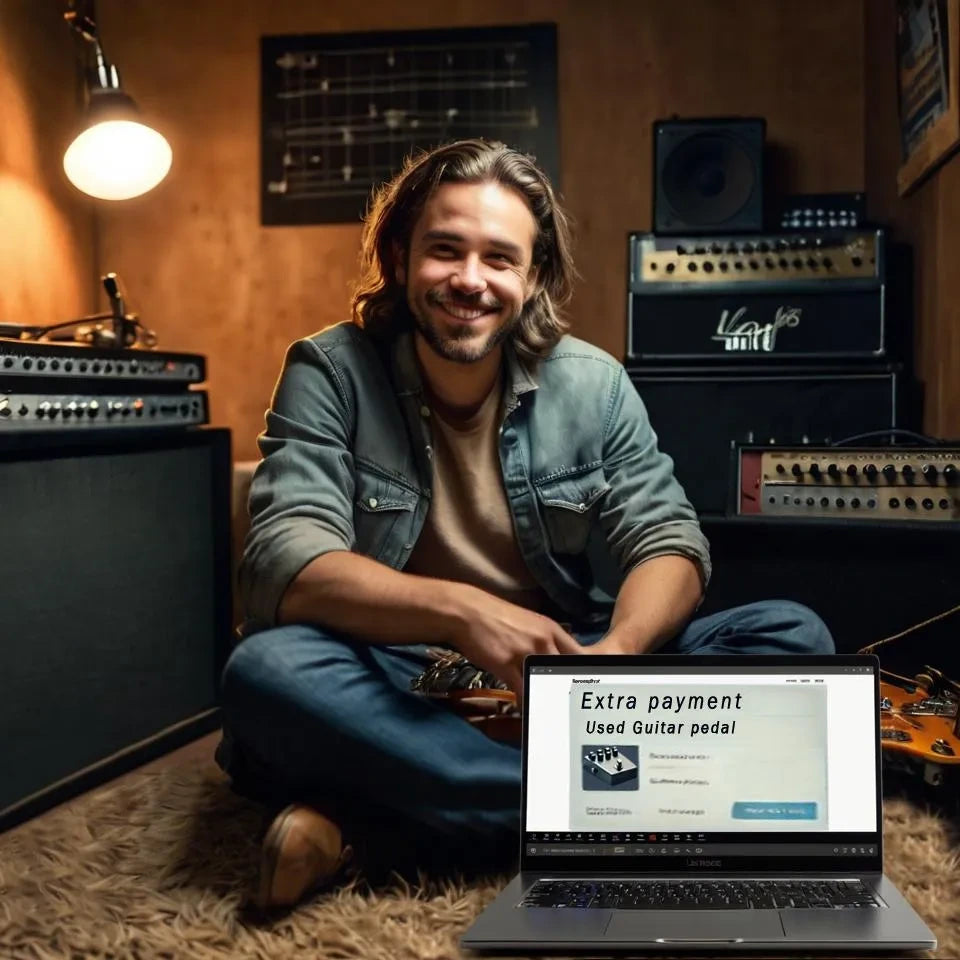 A musician with a payment on a laptop
