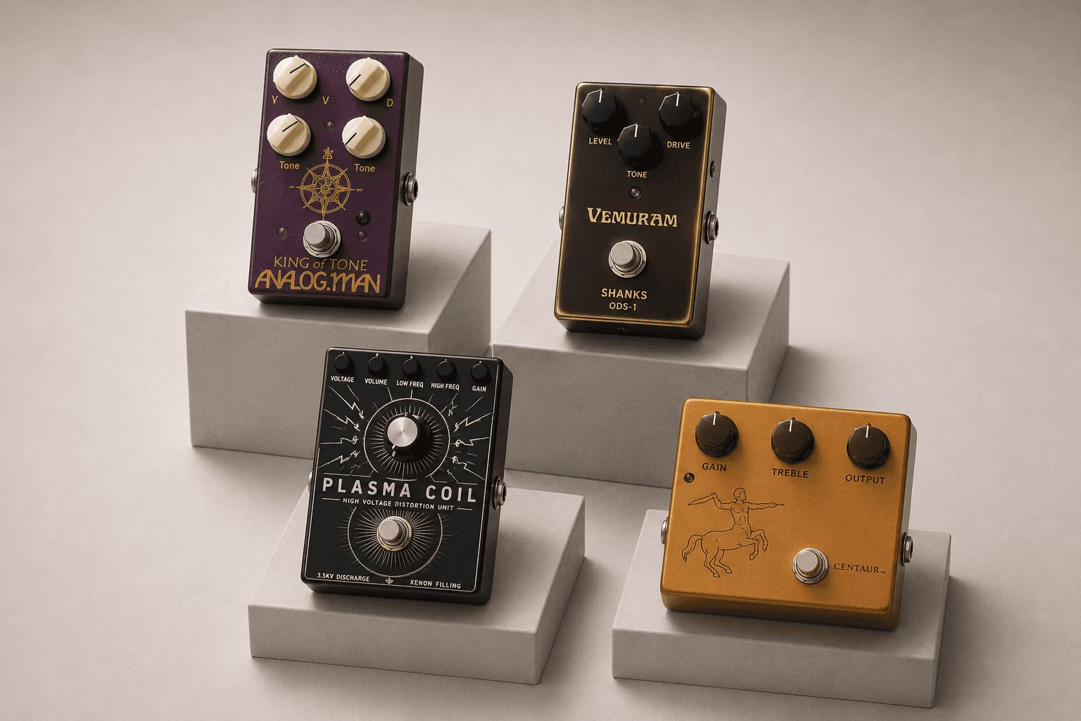 Rare and unusual guitar pedals on display plinths