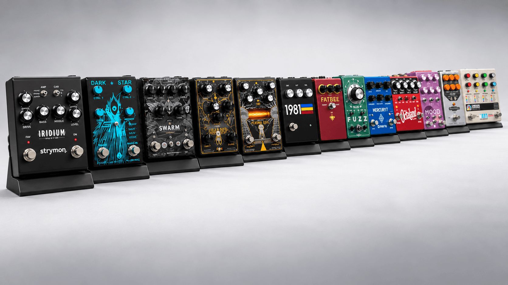 A row of guitar pedals ready to ship