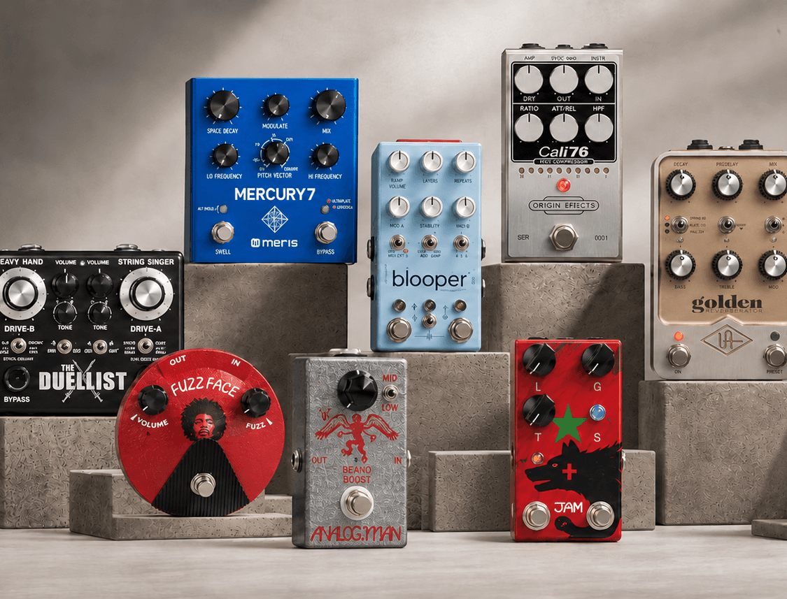 A selection of pre-owned guitar pedals on display