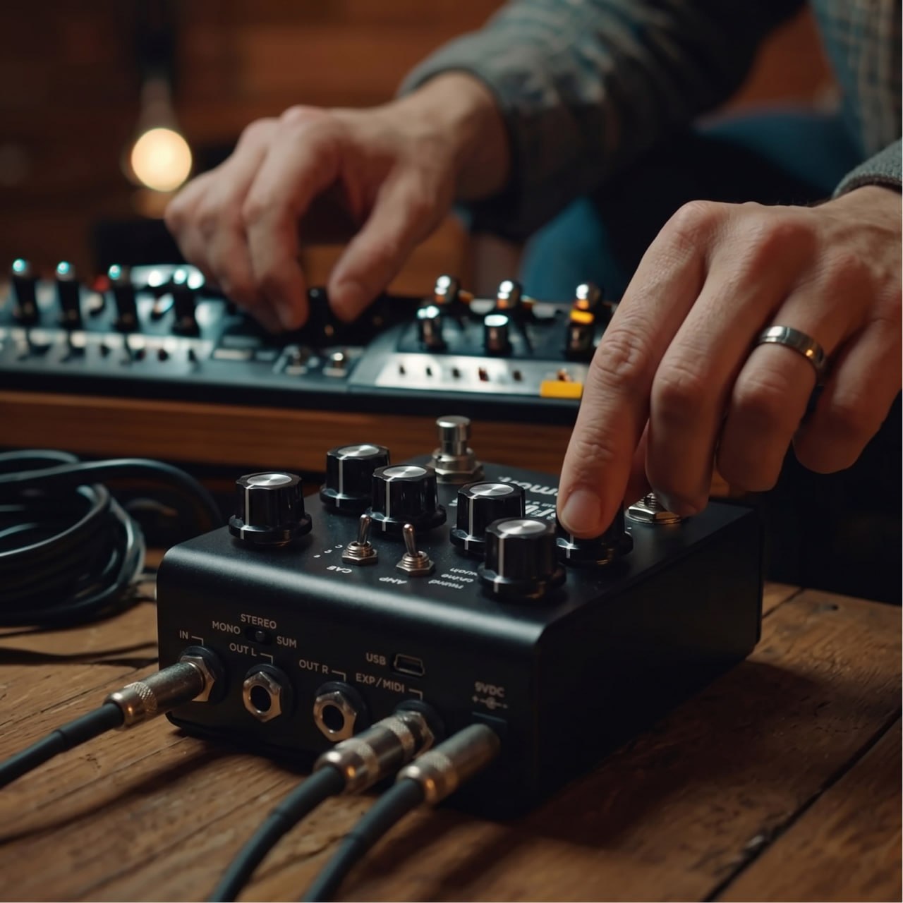 Hands adjusting the knobs on a guitar pedal