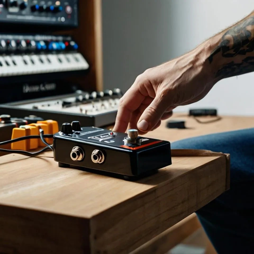 A guitarist trying a new pedal